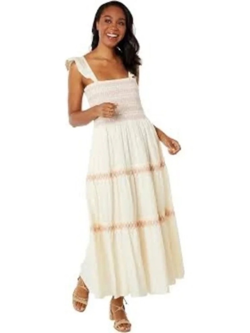 Madewell Smocked Ruffle Strap Tiered Maxi Dress Cream Pink Embroidered Sz S
